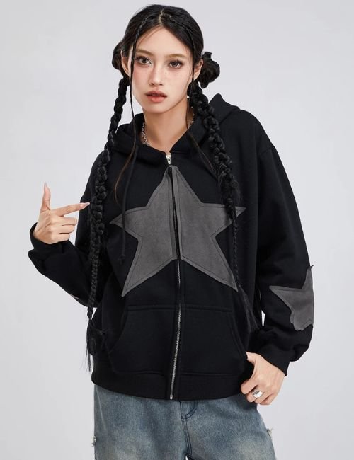 Retro Y2K Star Print Hoodie oversized zip up hoodie for women