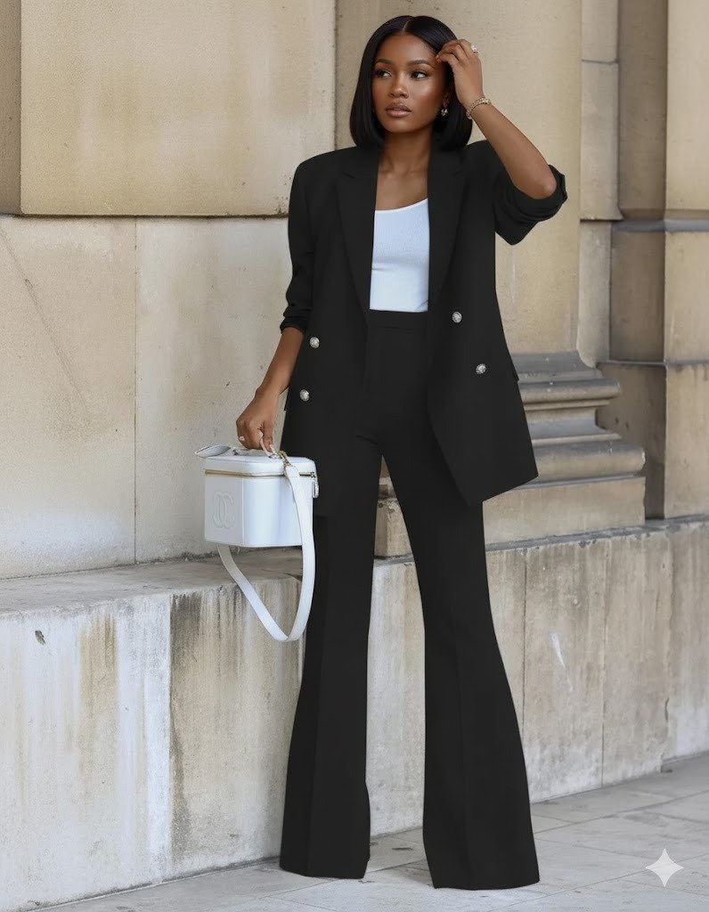 Professional woman in tailored blazer and straight bob haircut for modern office look.
