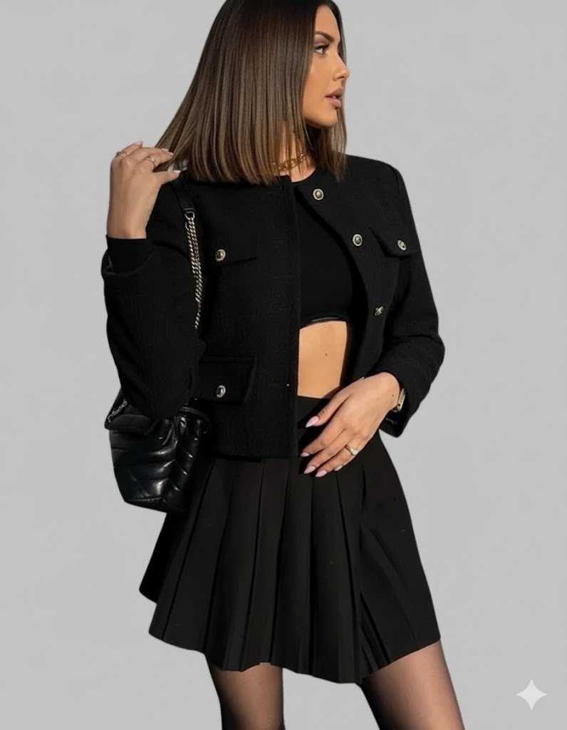 Weekend outfit with cropped knit sweater and shoulder-length hairstyle.