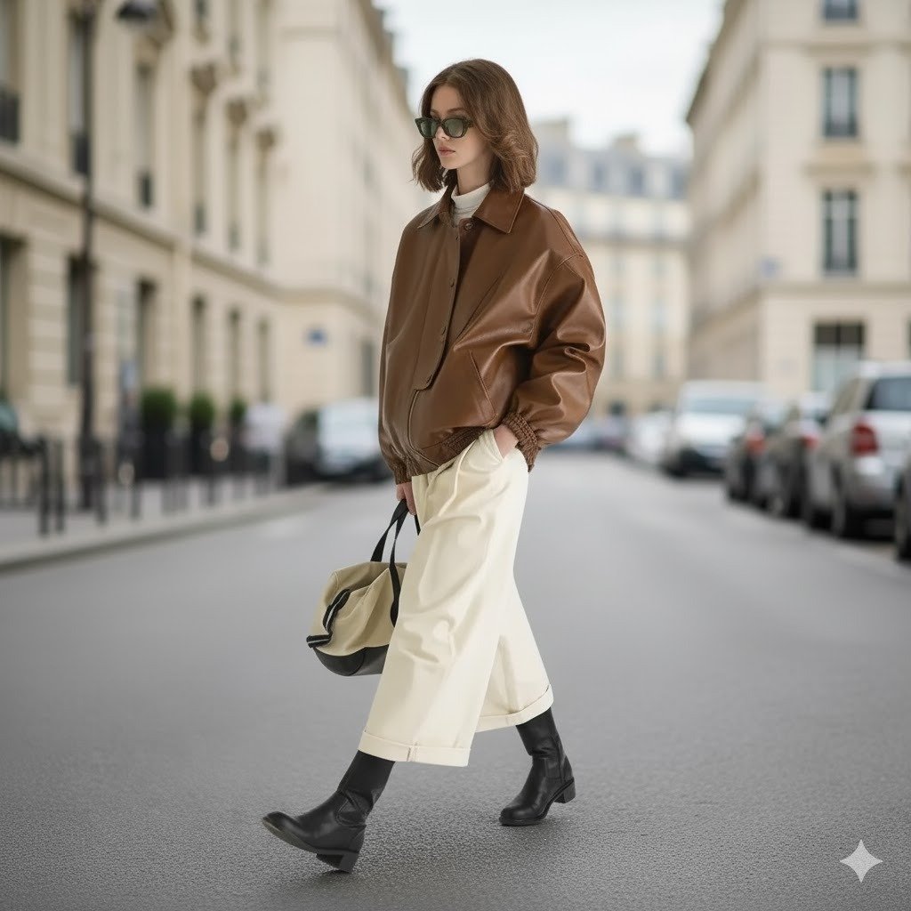 “Street style outfit with leather jacket and tousled bob haircut.