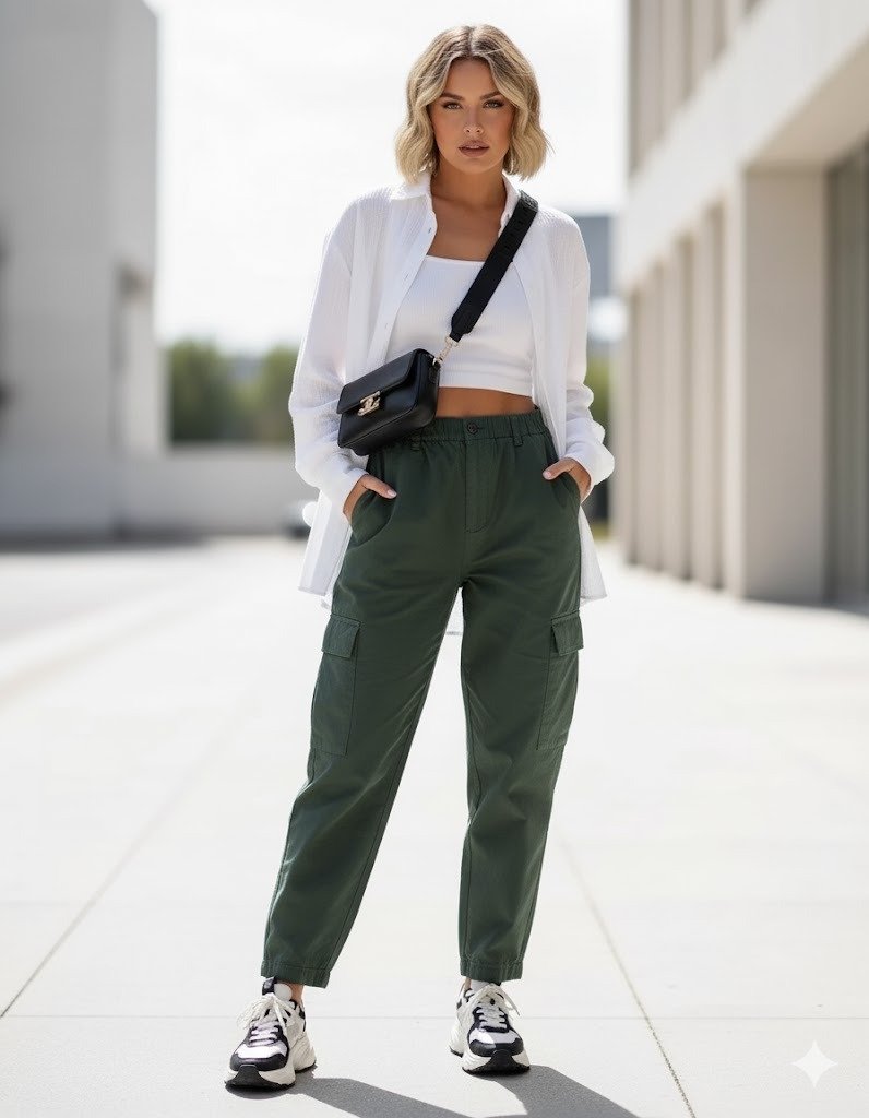Streetwear outfit with oversized shirt and textured bob haircut.