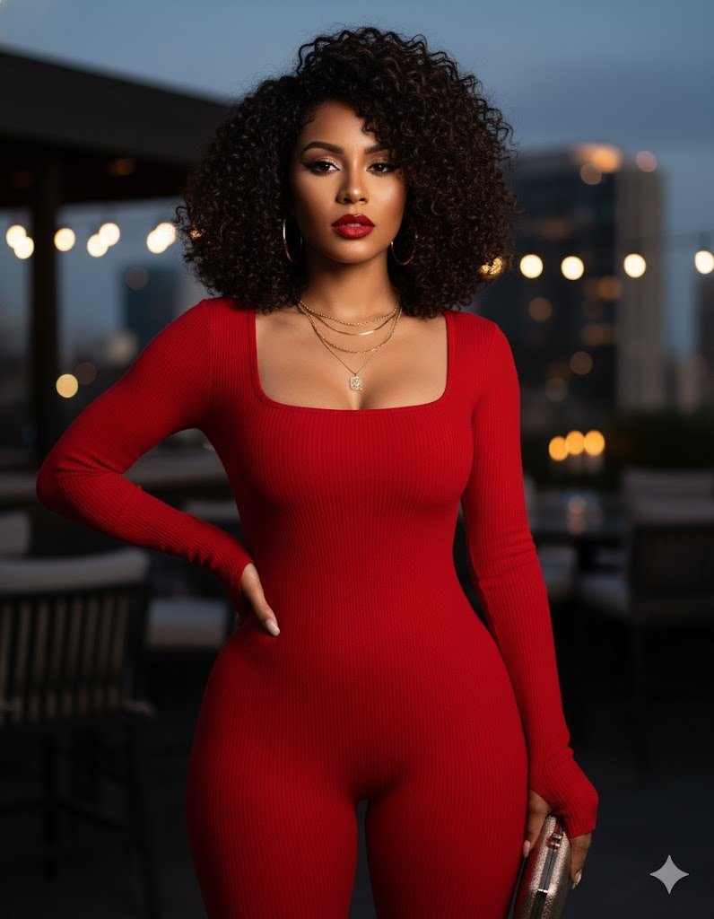 Formal jumpsuit paired with shoulder-length curls for elegant evening style.