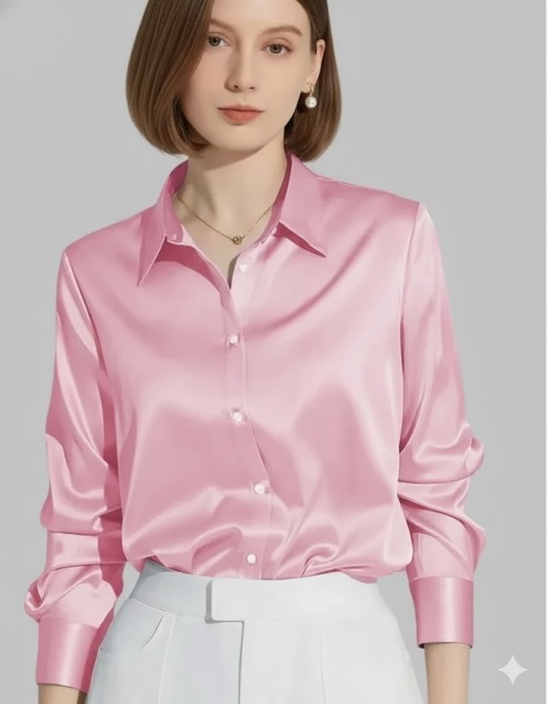 Casual outfit with pink shirt, denim jeans, and short bob haircut for daily wear.