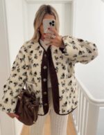 women’s printed fleece jacket, casual fleece jacket for women, cozy short fleece jacket, floral print jacket for women