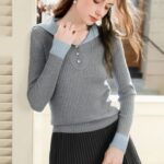 casual knitted wool shirt for ladies, winter long sleeve wool shirt, gray knitted wool shirt, stud bead knitted shirt