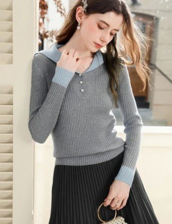 casual knitted wool shirt for ladies, winter long sleeve wool shirt, gray knitted wool shirt, stud bead knitted shirt