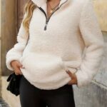 Women’s quarter-zip white sweatshirt, Women’s zipper pullover in white, stand collar sweatshirt, casual long sleeve sweatshirt