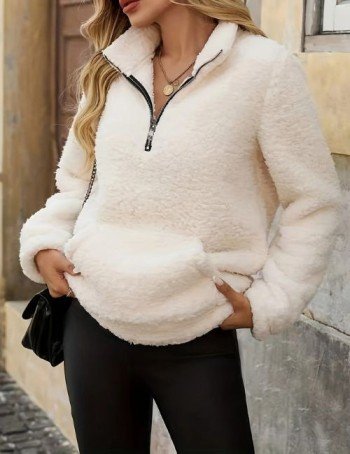 Women’s quarter-zip white sweatshirt, Women’s zipper pullover in white, stand collar sweatshirt, casual long sleeve sweatshirt