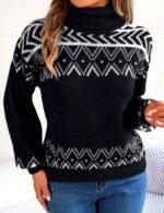 Winter Black Knitted Mock Neck Sweater For Women