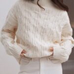 women’s white cable knit sweater, women’s warm winter white sweater, turtleneck knitted sweater, long sleeve pullover sweater