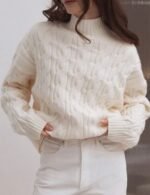 women’s white cable knit sweater, women’s warm winter white sweater, turtleneck knitted sweater, long sleeve pullover sweater