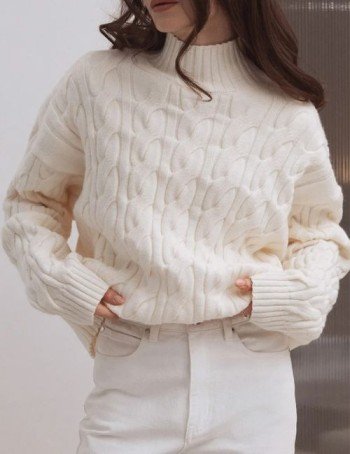 women’s white cable knit sweater, women’s warm winter white sweater, turtleneck knitted sweater, long sleeve pullover sweater