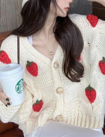 Strawberry knitted Cardigan for Women, Warm chunky knitted Strawberry Sweater, button front knitted sweater, long sleeve oversized sweater