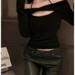 cropped black off shoulder knit sweater, women’s black off shoulder sweater, slash neck knitted sweater, off shoulder halter sweater
