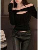 cropped black off shoulder knit sweater, women’s black off shoulder sweater, slash neck knitted sweater, off shoulder halter sweater