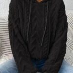 black knitted pullover hoodie, oversized hoodie for women, Women’s black knit hoodie with long sleeves, casual pullover hoodie for women