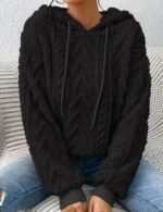 black knitted pullover hoodie, oversized hoodie for women, Women’s black knit hoodie with long sleeves, casual pullover hoodie for women