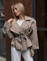 women’s cropped trench coat, wide shoulder cropped coat for women, lace up coat for women, lapel long sleeve coat for women