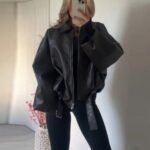 zipper leather bomber jacket for women, stylish long sleeve leather jacket for women, lapel collar leather jacket, women's streetwear jacket