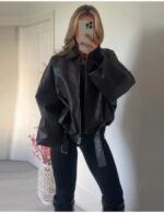 zipper leather bomber jacket for women, stylish long sleeve leather jacket for women, lapel collar leather jacket, women's streetwear jacket