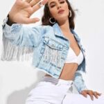 Women's Cropped Tassel Fringe Denim Jacket boho vintage style fringe detailing turn-down collar buttons pockets. Lightweight casual streetwear summer festival layering now at Clothing Stores US.