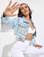 Women's Cropped Tassel Fringe Denim Jacket boho vintage style fringe detailing turn-down collar buttons pockets. Lightweight casual streetwear summer festival layering now at Clothing Stores US.