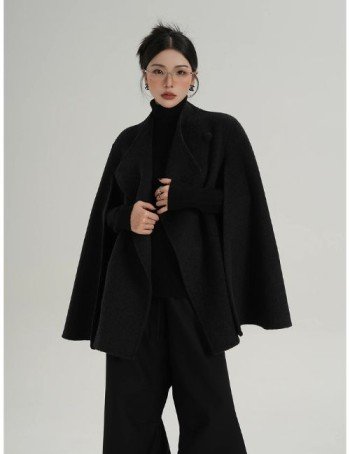 classic women’s black wool winter coat, women cashmere overcoat, long sleeve overcoat, winter women overcoat