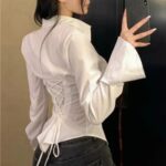 bell sleeve bandage shirt, fitted bandage shirt for women, casual slim fit shirt, women bell sleeve shirt