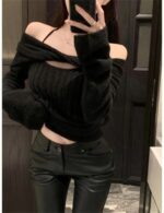 Black cropped sweater with off shoulder neckline