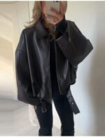 women’s black leather bomber jacket