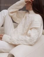 textured cable knit sweater in white