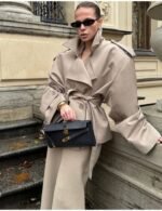 khaki cropped trench coat with belt