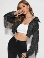 cropped fringe denim jacket for women