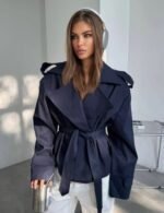 dark blue cropped trench coat with belt