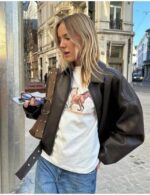 women’s leather bomber jacket with pockets
