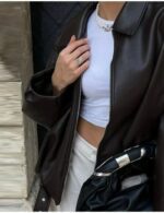 brown zipper leather bomber jacket women