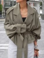 light olive green cropped trench coat with belt