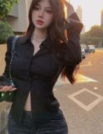 black bandage shirt with puff sleeves
