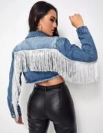 tassel detail on women's cropped denim jacket