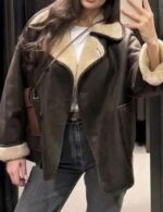 single breasted faux leather jacket for women, slim fit women’s faux leather jacket, retro street style fashion jacket, casual long sleeve faux leather jacket