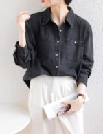 Stylish oversized denim shirt women, Street style black denim shirt women, Everyday oversized denim shirt women, Black denim button-up shirt women