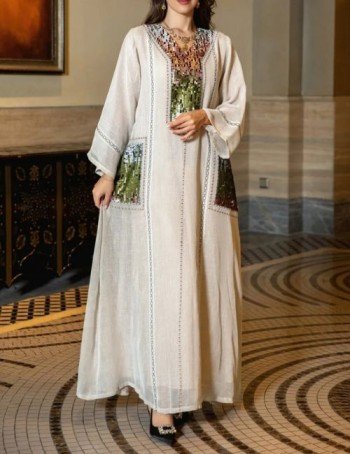 Traditional Moroccan kaftan women fashion, Hand embellished sequin kaftan dress, Elegant v neck sequin kaftan dress, Flowing v neck kaftan dress for women
