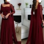 A-line chiffon evening party dress, Modern square neck chiffon party dress, Square neck evening dress, a-line pleat dress