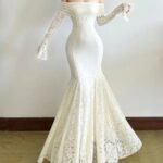 women’s white bachelorette party dress, women's backless party dress, flared sleeves party dress, lace patchwork party dress