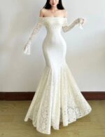 women’s white bachelorette party dress, women's backless party dress, flared sleeves party dress, lace patchwork party dress