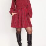 Classic plaid Christmas dress for women, red christmas dress, a line midi dress, u-neck christmas dress