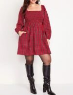 Classic plaid Christmas dress for women, red christmas dress, a line midi dress, u-neck christmas dress