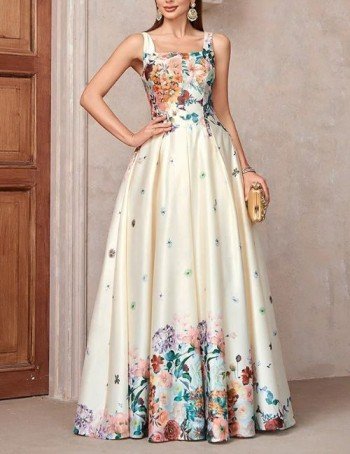 Stylish floral print cocktail dress, sleeveless floral print dress, a-line maxi dress, square neck cocktail party dress