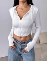 women fitted hoodie, crop top hoodie for women, slim fit lace up hoodie, White cropped fitted hoodie