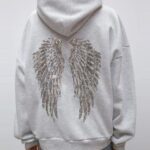 Women’s embroidered angel wings hoodie, Grey embroidered wings hoodie, Angel-inspired grey hoodie for women, Stylish women’s angel wings hoodie